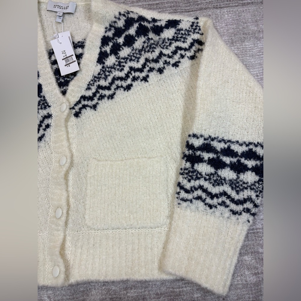 NWT Derek Lam 10 Crosby Womens Bette Fair Isle Cardigan XL White Navy Modern Lux - Picture 10 of 12